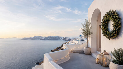 Fototapeta premium Mediterranean Seaside Terrace Decorated for Christmas with Wreath and Lights