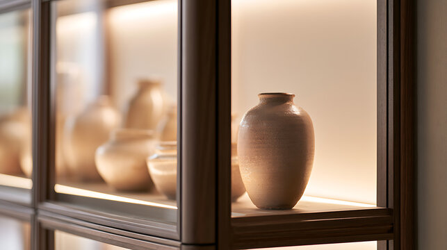 Elegant handmade ceramic vase displayed inside a modern glass wooden showcase shelf with warm interior lighting in a minimalist home decor style