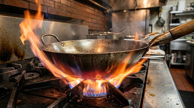 Metal wok pan with cooking fire flames on a commercial restaurant stove in a professional kitchen. Wok cooking tips