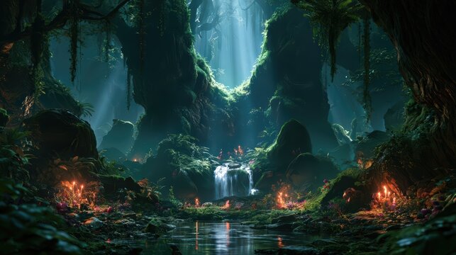 Magical Rainforest Jungle Cave with Glowing Fireflies and Waterfall