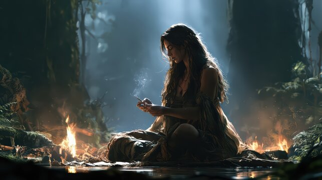 Woman Connecting with Nature in a Misty Magical Forest at Night