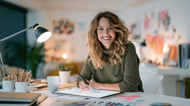 Smiling Creative Woman Working From Home in a Modern Office Space