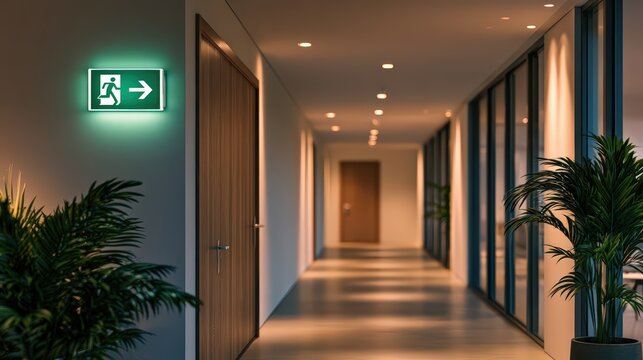 Emergency Exit Sign in a Modern Office Corridor at Night