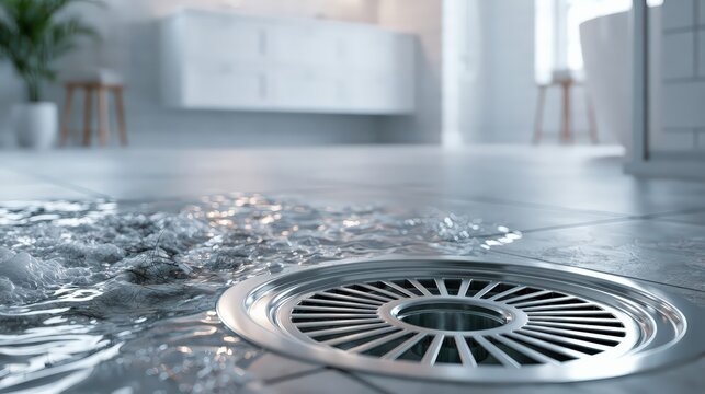Water Overflowing From a Bathroom Floor Drain with Modern Interior