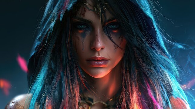 Powerful Enigmatic Woman with Glowing Blue Hair and Intense Gaze