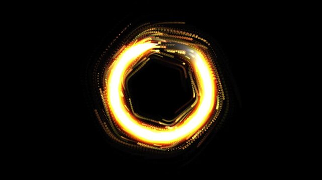 Abstract glowing golden ring with swirling particles on black background 4k video