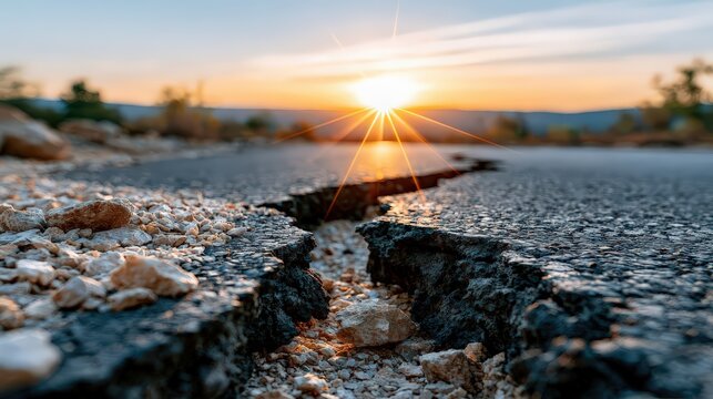Dramatic Cracked Asphalt Road at Sunset Symbolizing Crisis or Damage