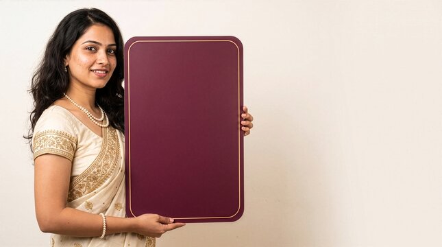 Luxury Indian Ethnic Wear Model Holding Maroon Signboard