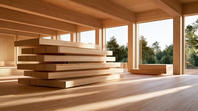 Sustainable Timber Construction Interior with Stacked Wood Beams
