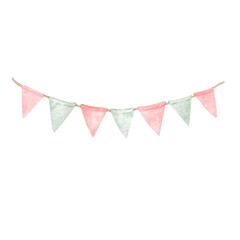 Obraz premium Pink and Green Bunting Garland Hand-painted watercolor illustration of a festive bunting garland with soft pink and green triangular flags. 