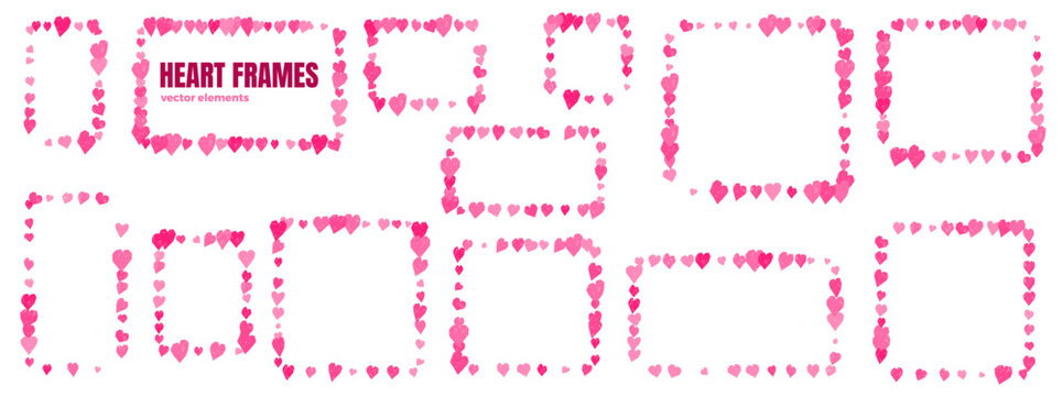 Heart frame set with pink crayon doodles and blank panels. Scattered hearts trace angular callout panels on white. Handdrawn vector outlines for presentation slide or infographic layout or promo bg