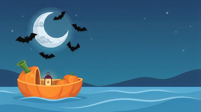 Cartoon pumpkin boat sailing on dark water with a crescent moon and flying bats at night illustration
