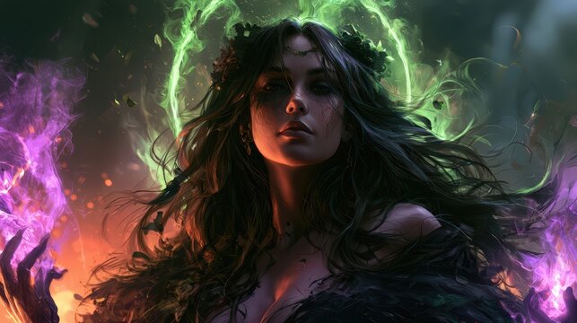 Powerful Fantasy Sorceress Conjuring Magic with Ethereal Energy