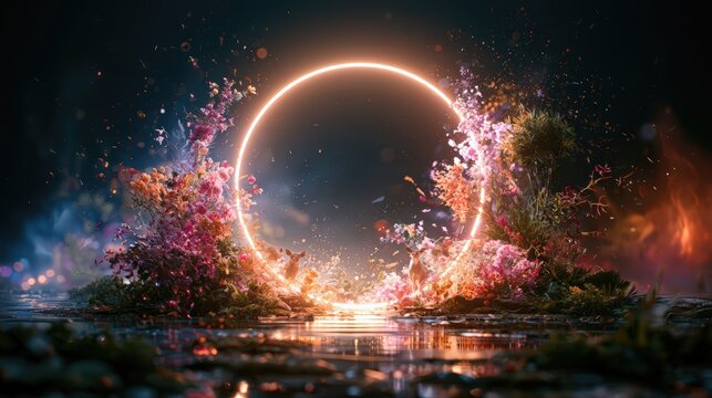 Neon Light Portal with Colorful Abstract Organic Elements