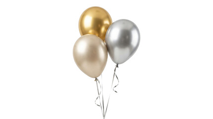 Naklejka premium Three shiny metallic balloons in gold and silver colors tied together for birthday party celebration.