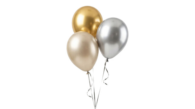 Three shiny metallic balloons in gold and silver colors tied together for birthday party celebration.