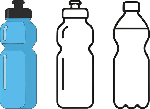 Sports water bottles collection with ergonomic grip design and beverage container outlines showing different cap styles and shapes