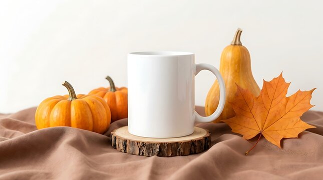 Blank white coffee mug mockup with pumpkins and autumn leaves on a rustic wooden coaster background