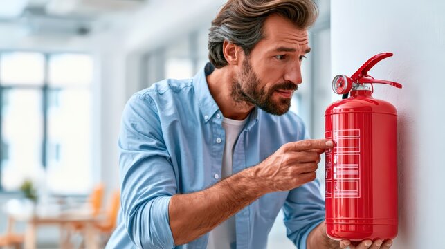 Man Inspecting Red Fire Extinguisher for Safety in an Office