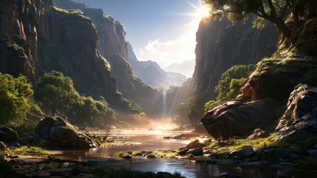 Sunlight Streams Through Verdant Canyon and Waterfall Landscape
