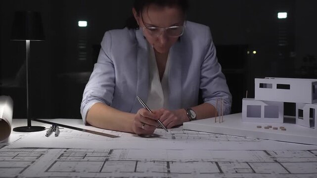 Female architect working late in office, designing modern building blueprint with architectural model.