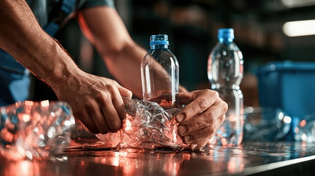 Worker Sorting Plastic Bottles for Recycling in Manufacturing Facility