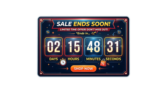 Sale Ends Soon Countdown Timer with Shop Now Button and Shopping Bag Icon PNG Isolated on transparent background