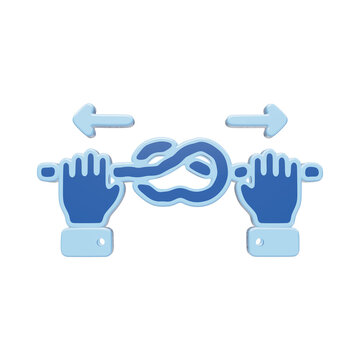 A 3D blue icon showing two hands pulling a rope with a knot in the center, isolated on a transparent background, for teamwork and cooperation