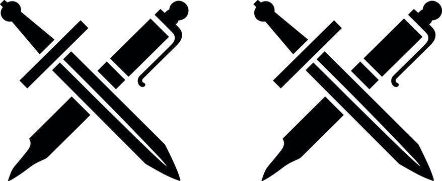 A powerful black vector icon featuring a crossed sword and pen symbolizing the victory of diplomacy on a white background.