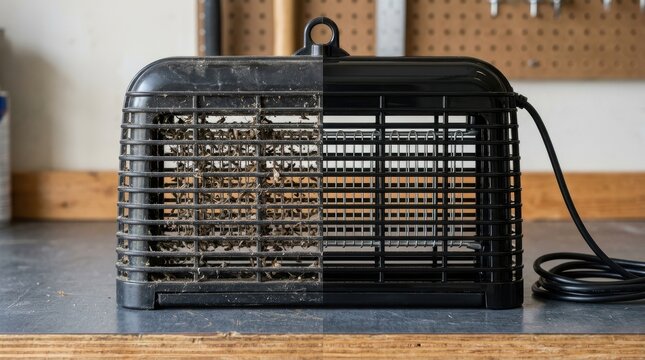 Dirty and clean before after view of a bug zapper device.