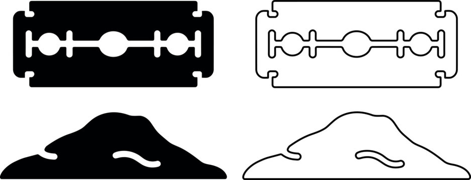 Minimalist vector icons showing a sharp razor blade and drug powder pile on white background for health addiction themes.