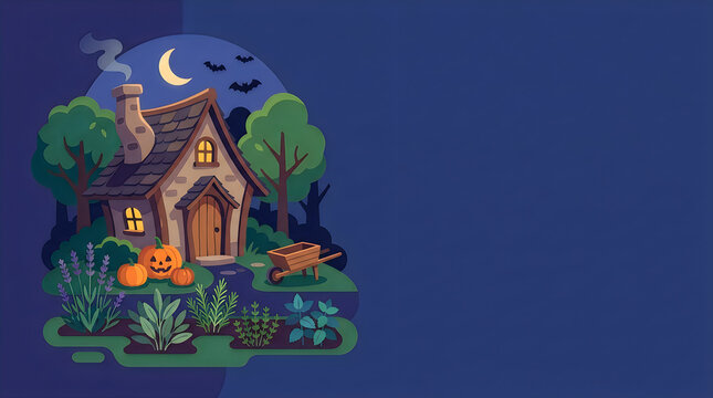 Cute spooky house with pumpkins in a garden at night under a crescent moon for halloween illustration