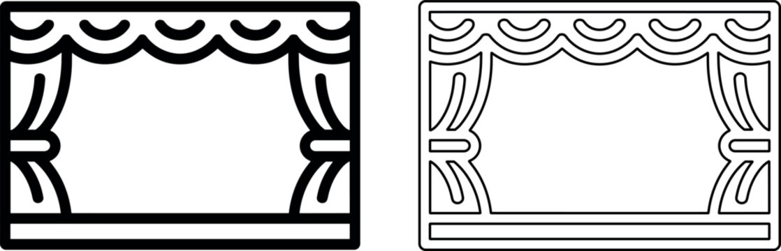 Two minimalist black and white theatre stage curtain icons framing a performance space to create anticipation for a live show.
