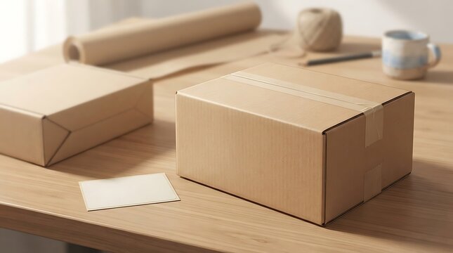 Craft paper boxes and packaging materials on wooden table