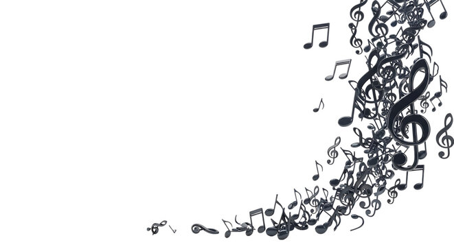 Floating musical notes in a dynamic swirling composition, black metallic texture, isolated on a white background, for music concepts isolated on a transparent background