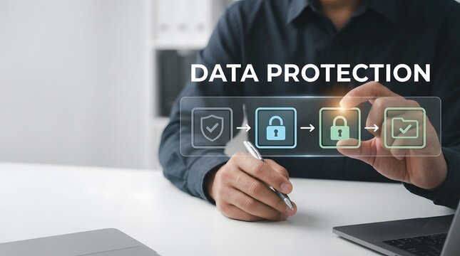 Businessman interacting with a holographic interface for digital data protection and cybersecurity management system