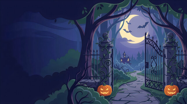 Spooky halloween graveyard entrance with iron gates and pumpkins under a bright full moon night illustration