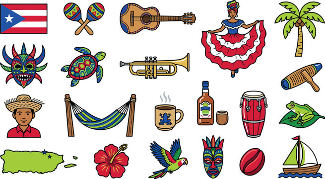 Puerto Rico Culture and Travel Icon Set with Flag Map Vejigante Mask Bomba Dancer Guitar Rum and Coqui Frog Elements