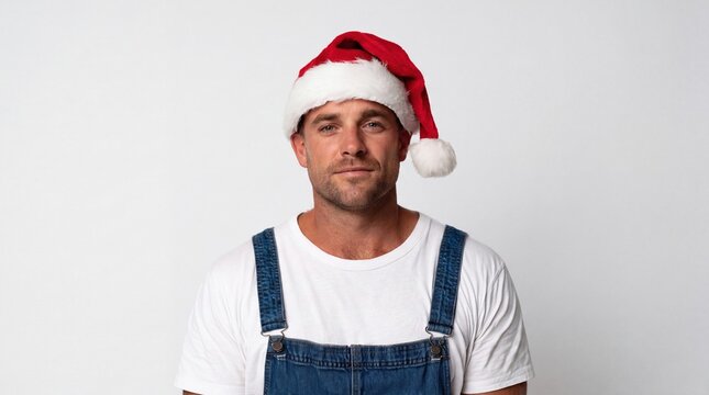 Middle-aged man wearing Santa hat and denim overalls portrait