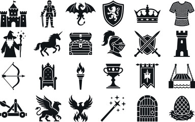 Fototapeta premium Medieval fantasy icons set, 24 black silhouette knight and dragon symbols, mythical kingdom vector elements for gaming