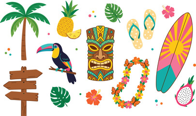 Fototapeta premium Tropical Tiki Party Vector Set with Wooden Tribal Mask Toucan Surfboard Palm Tree and Hawaiian Luau Celebration Elements