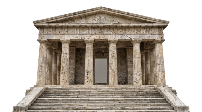 Ancient roman temple architecture with marble pillars and wide stairs against empty isolated background.
