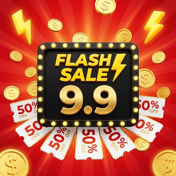 Flash sale 9.9 shopping event banner with golden coins and fifty percent discount coupons on a bright red background