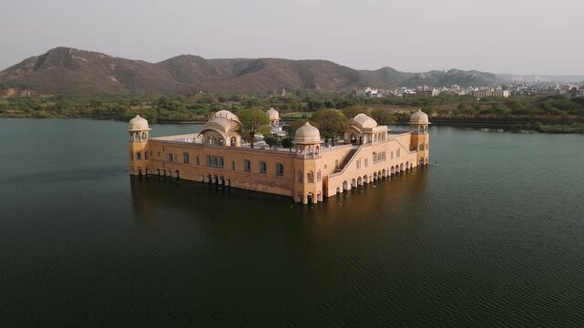 Aerial view of jal mahal, the water palace on man sagar lake in jaipur, rajasthan, an architectural landmark of india