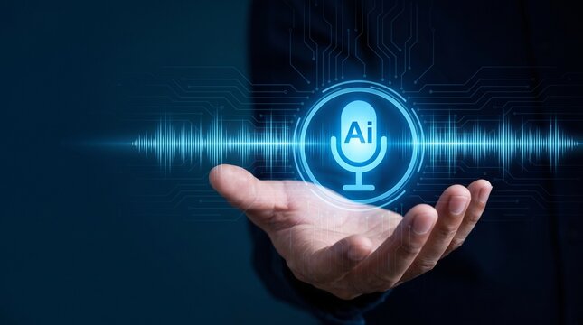 Digital voice recognition interface glowing with blue neon lights featuring a microphone icon and sound wave patterns floating above a human hand in professional style.