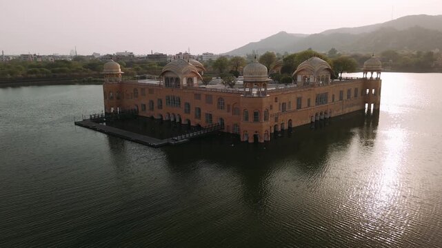Aerial view of the jal mahal water palace on man sagar lake in jaipur, india