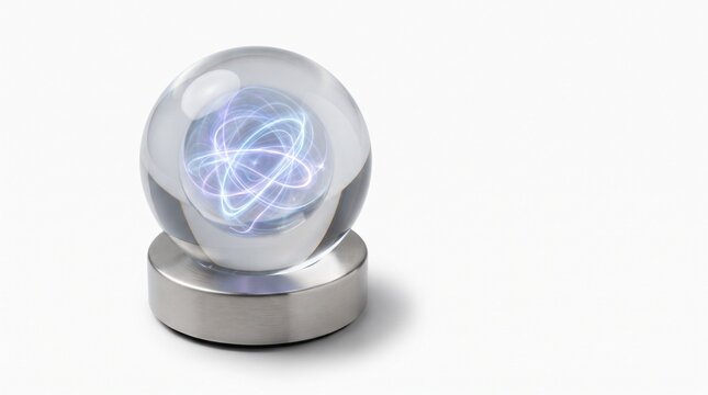 Futuristic crystal ball with glowing energy core, glass sphere on metal stand, magical orb for technology and science concepts