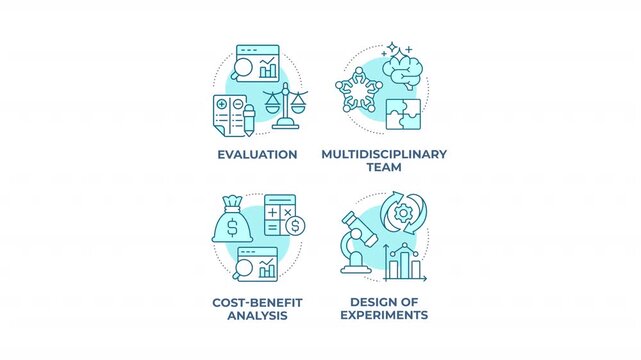 Project lifecycle blue concept icons animation set. Strategic research frameworks. Data driven decision making. Cyan circular animated abstract ideas. HD video collection with alpha channel