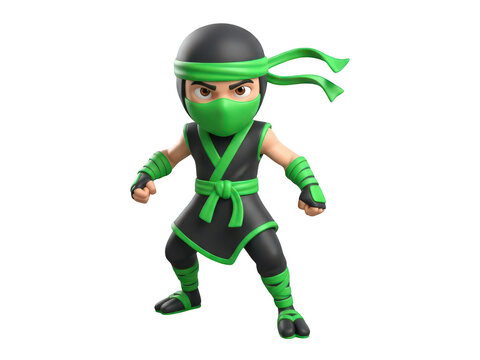 Small cartoon ninja character in green suit isolated on a transparent background