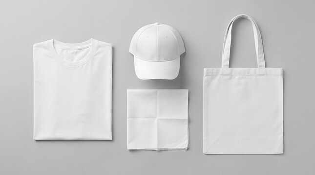 Top view of white blank apparel mockup including t shirt baseball cap tote bag and folded cloth